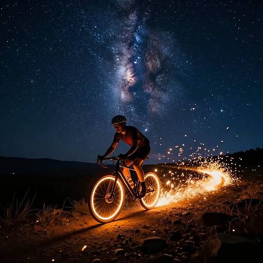 Photograph: Cyclist with glowing bike wheels and sparks, night sky with Milky Way, wearing helmet and shorts, riding through dark landscape.
