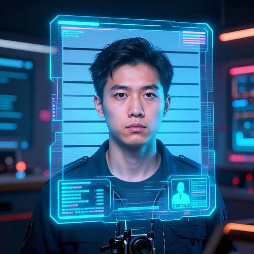 Digital CGI image of an East Asian man with short black hair, wearing a black jacket, superimposed with a glowing blue police mugshot overlay in