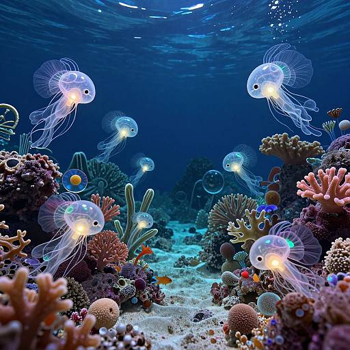 Photograph of a vibrant underwater scene with glowing jellyfish, colorful corals, and small fish in a deep blue ocean.