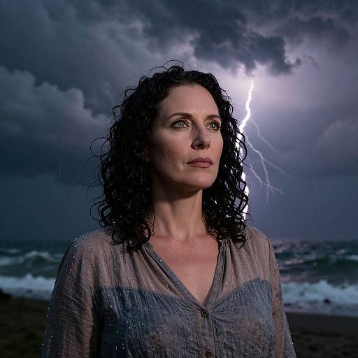 Photograph of a wet, curly-haired woman with pale skin, wearing a translucent grey shirt, standing on a stormy beach at night with a lightning