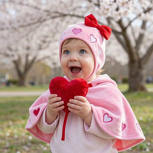 Photograph of a baby with blue eyes, wearing a pink heart-patterned hood with a red bow, holding a red heart, outdoors with cherry blossom