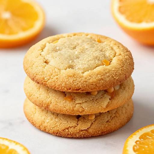 Photograph of three golden, textured lemon sugar cookies stacked on a white surface, with blurred orange slices in the background.