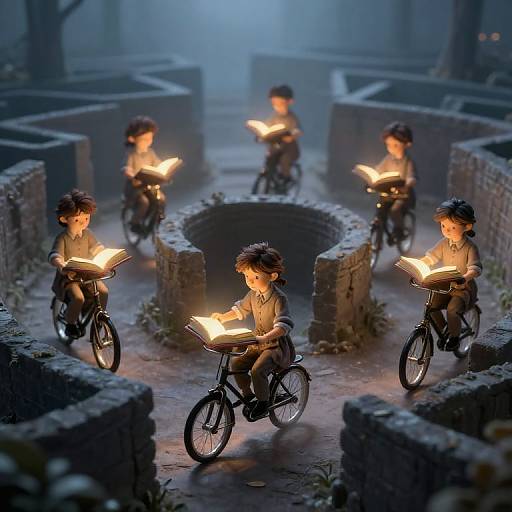 Photograph of six children in a misty, blue-lit courtyard, each riding bicycles while reading glowing books, surrounded by ancient stone walls.