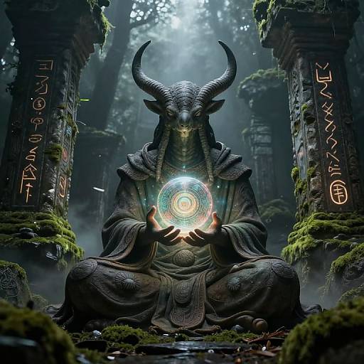 Digital fantasy artwork of a horned, armored figure sitting meditatively in a moss-covered, ancient ruin, holding a glowing, circular artifact.