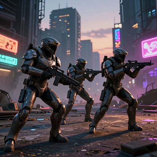 CGI image of three armored, helmeted soldiers with rifles in a neon-lit, dystopian city street at sunset, surrounded by shattered debris.