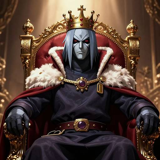 Digital artwork of a stern, blue-skinned man with white hair, wearing a gold crown, black robe with fur trim, and ornate red throne