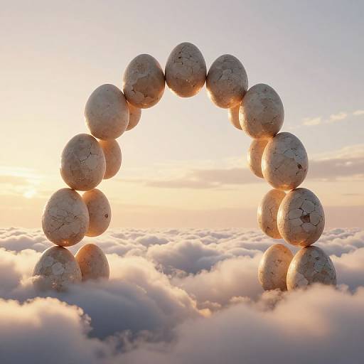Photograph of twelve cracked, white eggs forming an arch above a sea of clouds at sunset, with a glowing orange sky.