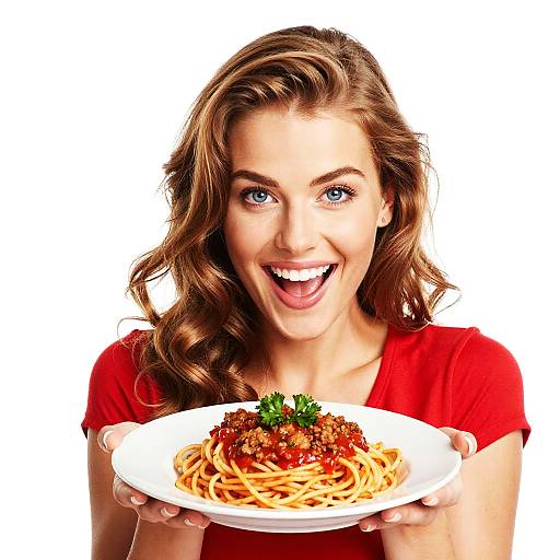 Photograph of a smiling woman with wavy brown hair, blue eyes, wearing a red shirt, holding a plate of spaghetti with meat sauce and parsley