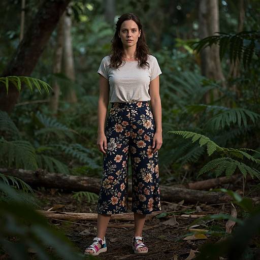 Photograph of a young woman with long brown hair, wearing a white t-shirt, floral skirt, and pink sandals, standing in a dense, green