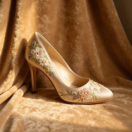 Photograph of an elegant, gold high-heeled shoe with delicate floral embroidery, resting on a textured, golden-brown fabric backdrop.