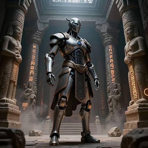 CGI image of a futuristic, armored warrior standing in an ancient temple with glowing runes, stone columns, and fog. Dark, metallic armor with detailed