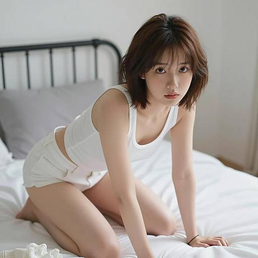 Young Woman Leaning Forward on Bed