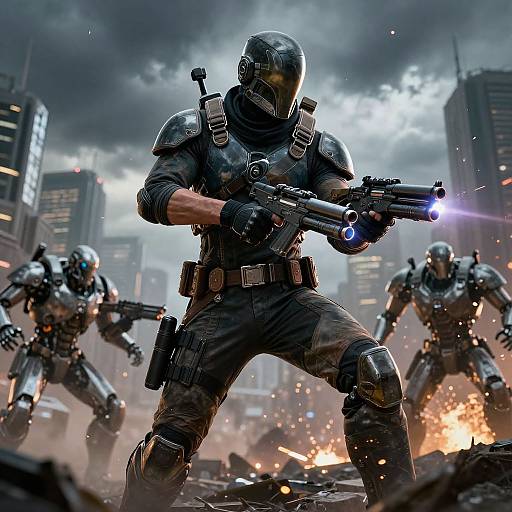 Digital CGI of a masked, armored soldier firing a glowing blue laser gun in a fiery, ruined cityscape with three other soldiers. Dark, stormy