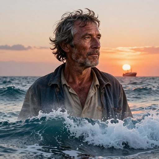 Photograph of a weathered middle-aged man with gray hair and beard, standing in ocean waves at sunset, wearing a worn jacket over an unbutton