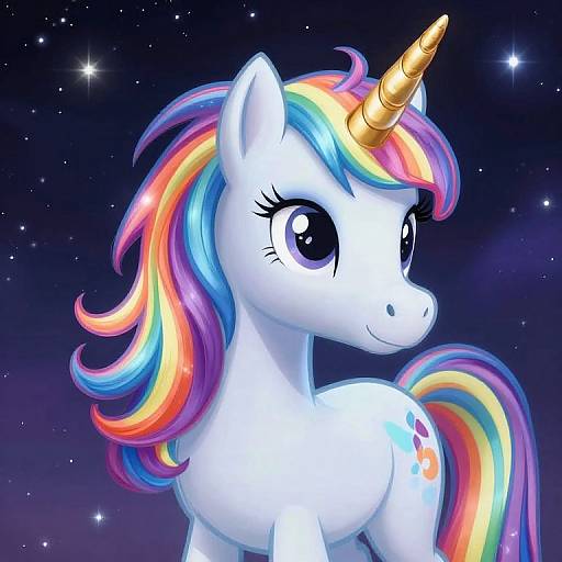 Digital illustration of a white unicorn with a colorful rainbow mane and tail, large expressive eyes, golden horn, and three-leaf cutie mark, set
