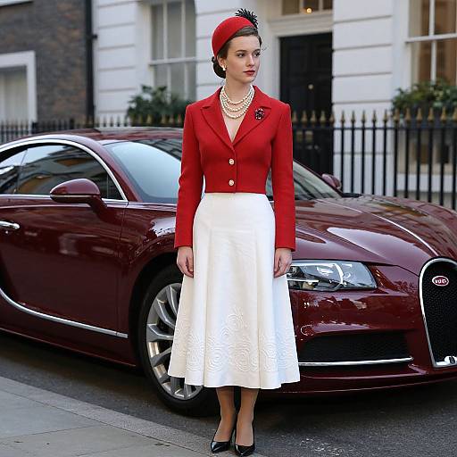Photograph of a woman in a red blazer, white lace skirt, pearl necklace, black shoes, and red beret, standing beside a mar