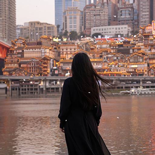 Photograph of a lone woman with long black hair in a dark coat, standing by a river, facing a brightly lit, historic cityscape at dusk