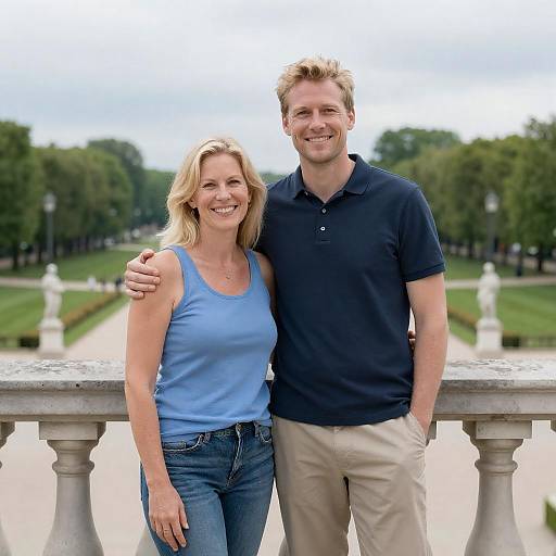 Casual Couple on Stone Balcony