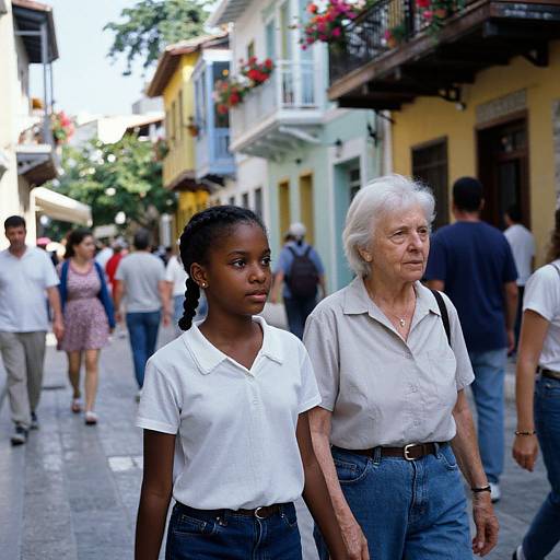 Photograph of a Black girl with braided hair and white polo, walking with an elderly white-haired woman in a white shirt, on a sunny,