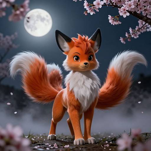 Digital artwork of a cute, fluffy, orange and white fox with large ears and bushy tails, standing under a full moon amidst cherry blossoms.
