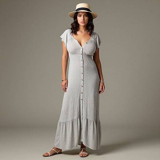 Photograph of a woman with medium brown skin, wearing a white, button-down, long dress, straw hat, and brown sandals, standing against a