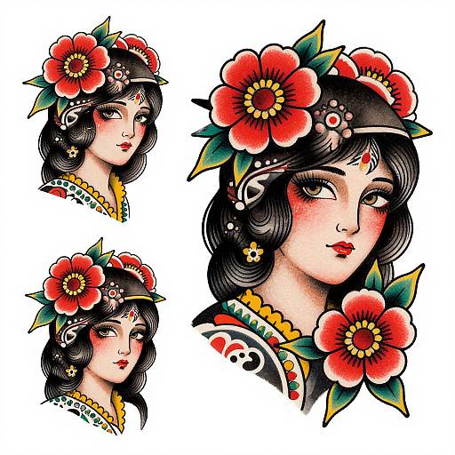 Traditional Japanese-style digital drawing of a woman with black hair, red flower headpieces, intricate tattoos, and colorful traditional clothing.