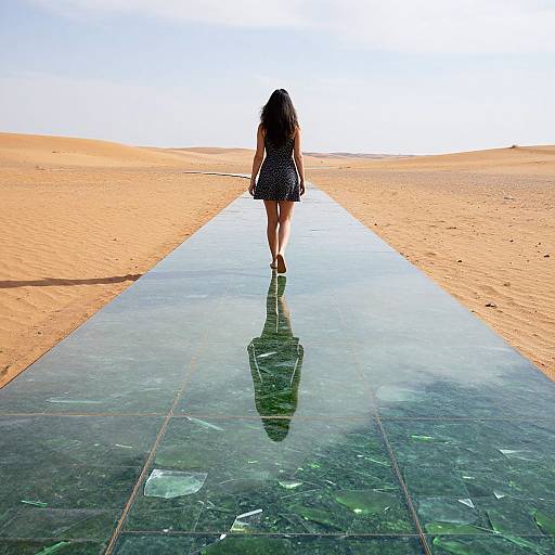 Photograph of a woman with long dark hair, wearing a black and white dress, walking alone on a glass walkway through an expansive, sunlit