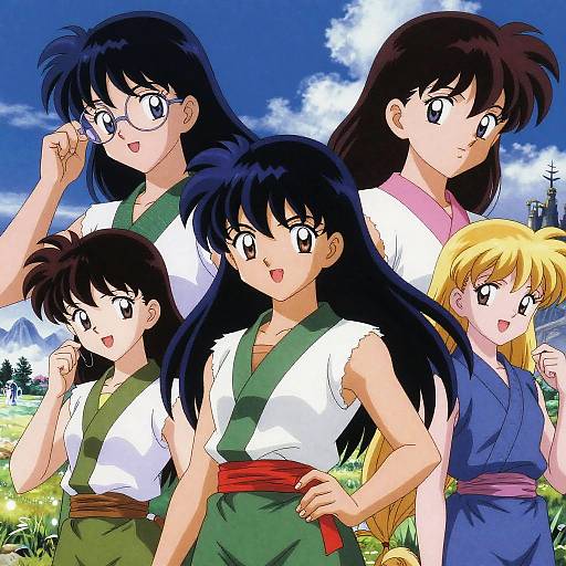 Anime-style illustration of five young women with long black and blonde hair, wearing traditional Japanese clothing, standing in a vibrant field with mountains and blue sky background