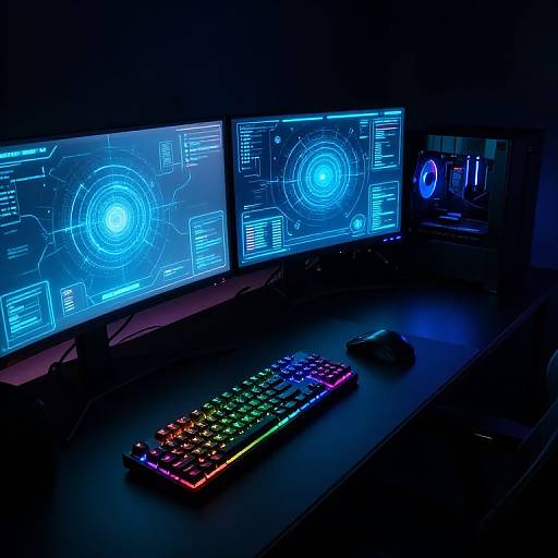 Photograph of a darkened computer desk with three glowing blue screens displaying technical interface, a colorful backlit keyboard, and a mouse.