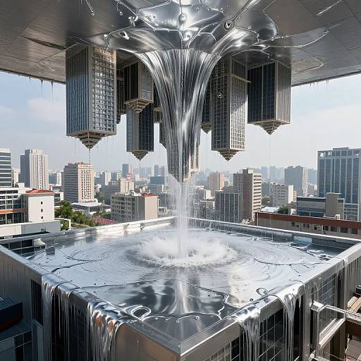 Photorealistic CGI: Glossy, reflective metallic structure above cityscape with futuristic, water-like liquid pouring down, creating a central fountain. Skys
