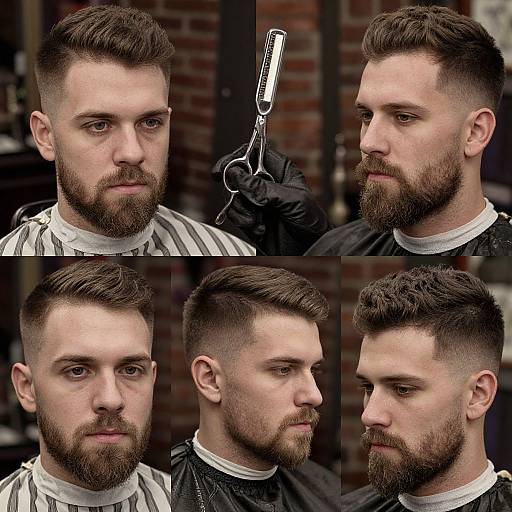 Photograph of a bearded Caucasian man with short, dark brown hair, styled in four different ways: side view, front view, top view,