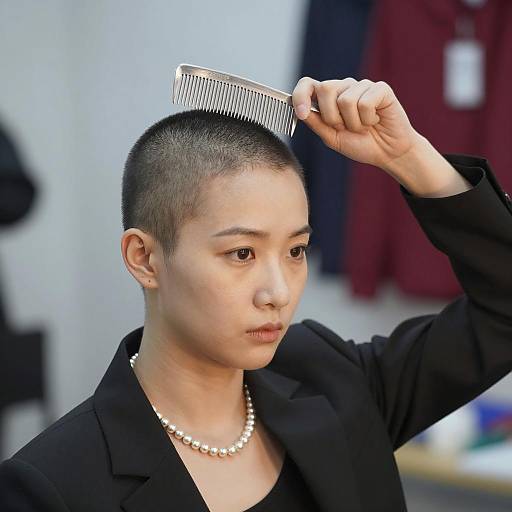 Woman with Shaved Head Holding Metal Comb