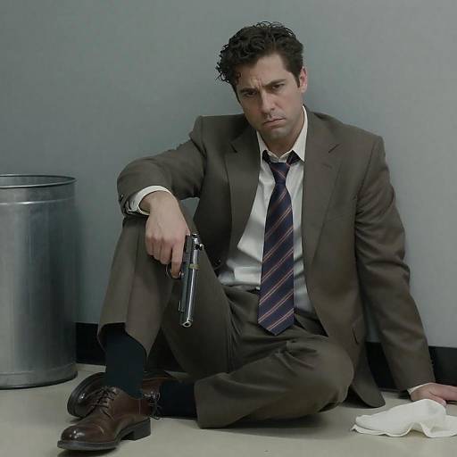 Man in Brown Suit Sitting on Floor with Gun