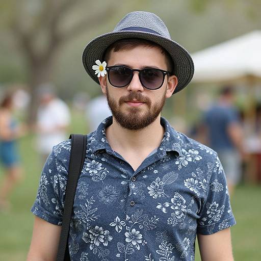 Photograph of a bearded man with dark sunglasses, wearing a gray straw hat with a daisy, blue floral shirt, and black strap, standing