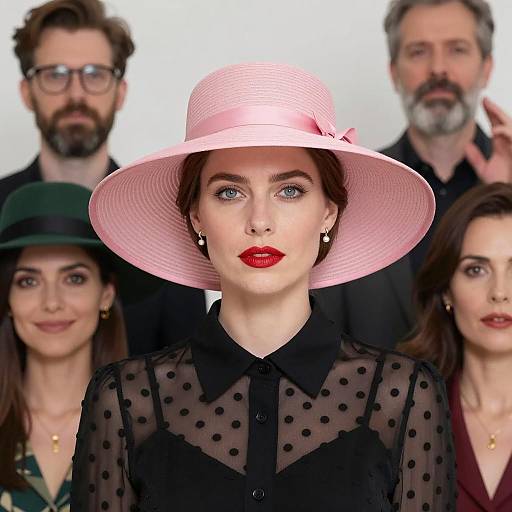 Confident Woman in Pink Hat with Group Background