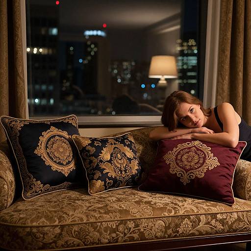 Photograph of a young woman with brown hair, leaning on ornate dark purple pillows, on a gold-patterned couch, in a dimly-l