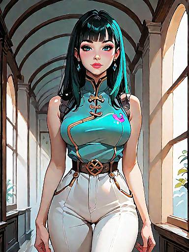 Asian Woman in Stylish Jumpsuit in Sunlit Hallway