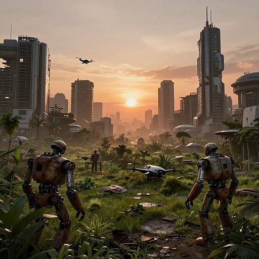 Digital artwork: Two robotic soldiers in a post-apocalyptic cityscape at sunset, with overgrown grass and ruins, and a drone flying overhead.