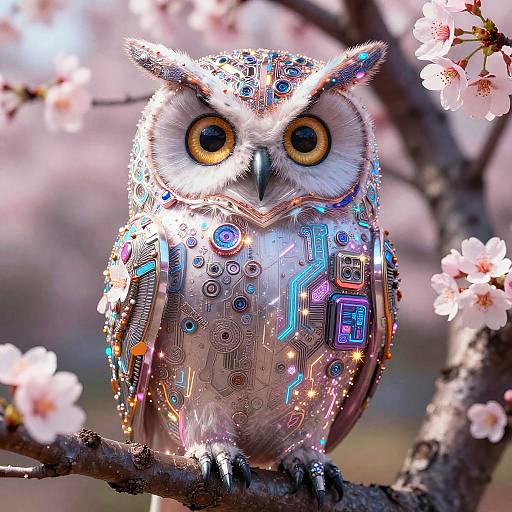 Satirical Magical Neo-Noir Cherry Blossom Owl