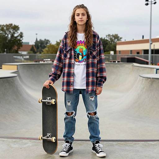Teenage Skateboarder with Long Mullet at Skatepark