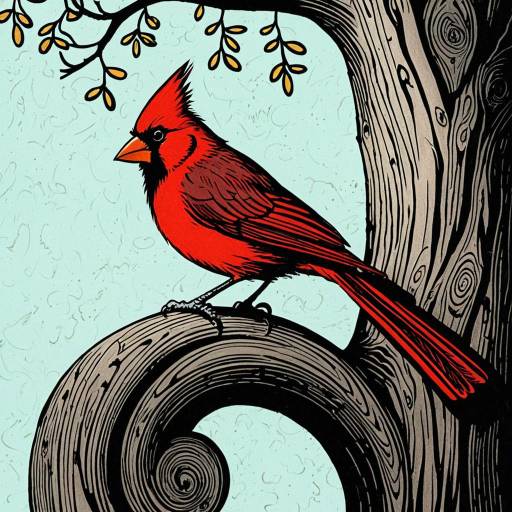 Whimsical Cardinal on Curled Oak Branch