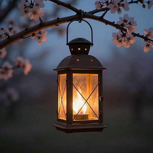 Photograph of a glowing black lantern hanging from a cherry blossom branch at twilight, with soft blue and orange hues.