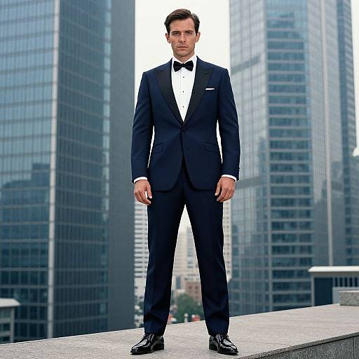 Photograph of a handsome man in a black tuxedo with bow tie, standing confidently on a rooftop, tall skyscrapers in the background.