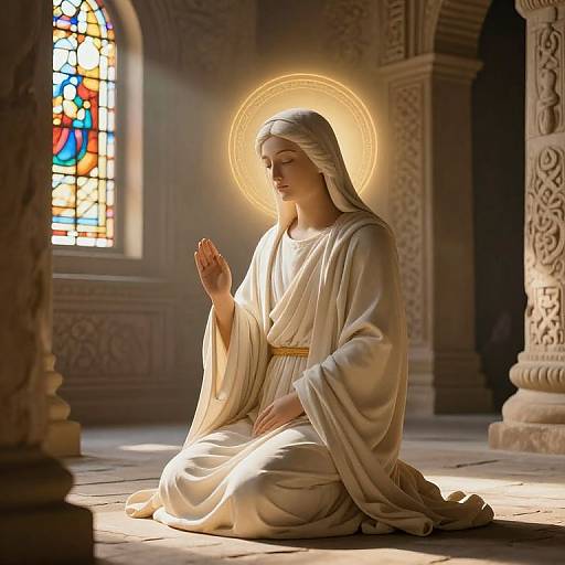 Photograph of a serene, statue-like Mary with glowing halo, kneeling in sunlit, ornate chapel, hands in prayer, wearing white, flowing