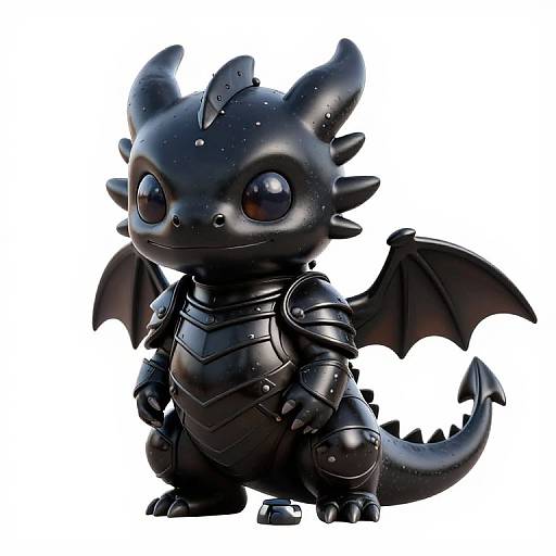 Chibi-style digital rendering of a small, black, armored dragon with large, shiny eyes, black wings, and a metallic texture.