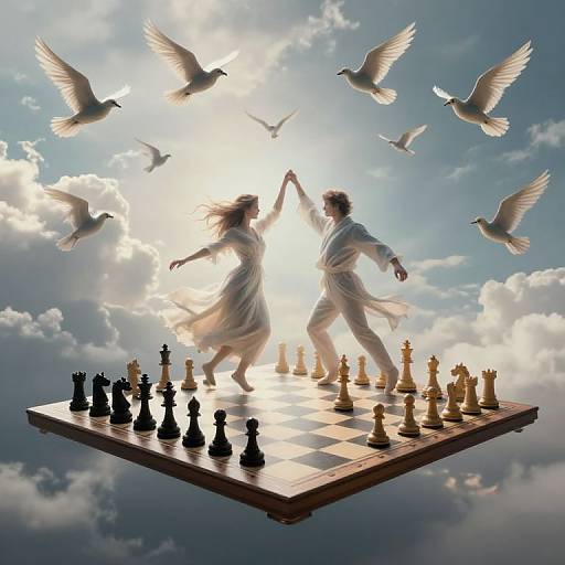 Photograph-style digital artwork: Silhouetted couple in flowing white robes, dancing over floating chessboard, surrounded by flying doves, bathed