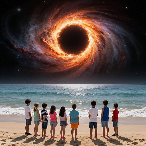 Photograph of seven children standing on a sandy beach, gazing at a glowing, swirling black hole over the ocean.