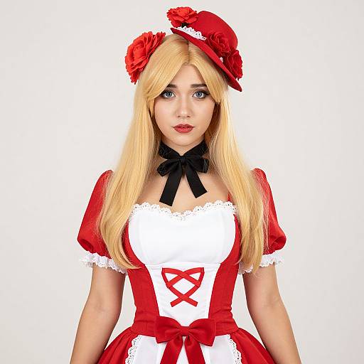 Blonde Woman in Red Corset and Hat