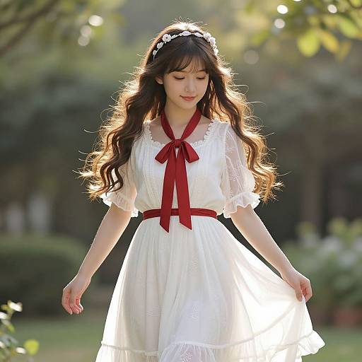 Photograph of a young Asian girl with long, wavy brown hair, wearing a white dress with red ribbon, flower crown, and sunlight filtering through
