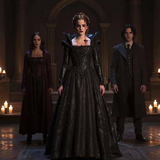 Photograph of a gothic fashion runway show featuring a woman in a black, ornate, Victorian-style dress with high collar, flanked by two